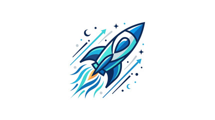 Blue rocket ship blasting off into starry sky with motion lines. © asta