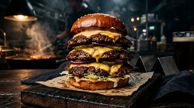 Triple patty burger with pickles and onions in dark kitchen background.