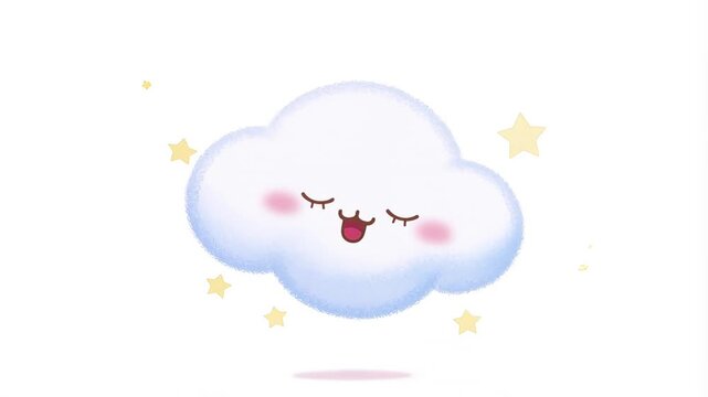 Floating happy cartoon cloud with a smiling face and blinking stars animation in this charming digital motion on white background
