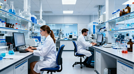 Naklejka premium Two scientists working at computer stations in high-tech chemistry laboratory