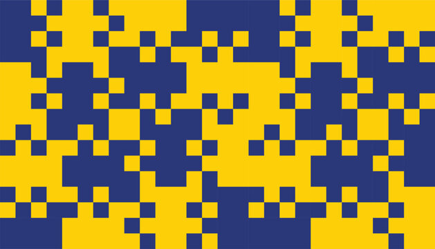 Seamless geometric pattern with interlocking blue and yellow abstract shapes, modern puzzle style background