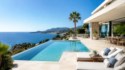 Fototapeta premium Modern villa terrace overlooking infinity pool and ocean