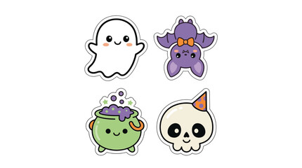 Naklejka premium Cute cartoon Halloween stickers featuring a friendly ghost, a purple bat, a bubbling green cauldron, and a smiling skull with a party hat.