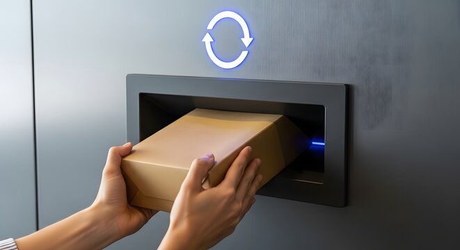 Hand placing a package into an automated parcel locker for delivery and collection services