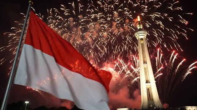 Indonesian flag waving with fireworks at National Monument at night