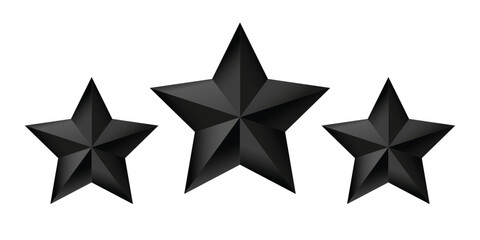 Fototapeta premium Three black stars rating rating set in 3D style. Clean geometric star icons representing review, feedback, quality and ranking. Isolated on transparent background, perfect for UI design, apps, website