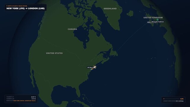 Airplane Route Map Animation from New York USA JFK to London United Kingdom LHR for Travel and Aviation Content
