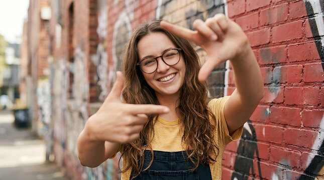 Happy Young Woman Smiling and Making Creative Hand Frame Gesture Against Urban Brick Wall Background