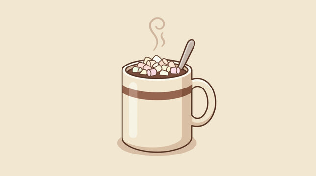 A steaming mug of hot chocolate topped with marshmallows and a spoon, perfect for a cozy winter evening