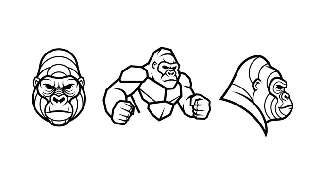 Three Illustrated Gorilla Characters in Different Poses.