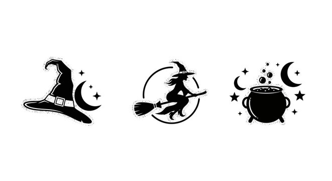Halloween witch hat broom and cauldron icon set black.