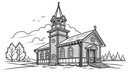 Fototapeta premium Vector illustration of a small traditional wooden church building in a rural landscape with building, exterior