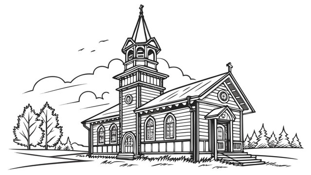 Vector illustration of a small traditional wooden church building in a rural landscape with building, exterior