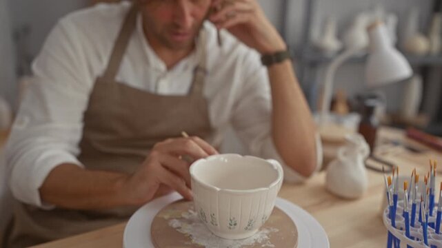 Man painting a ceramic mug with a fine brush while holding a phone to his ear in pottery studio; concentration.
