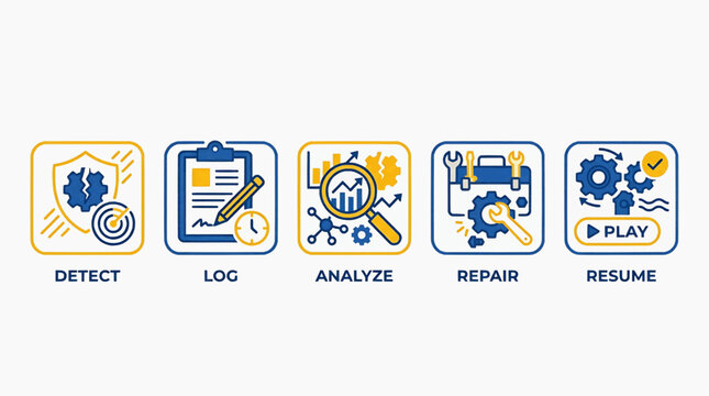 Business workflow step icons showing system maintenance lifecycle from detect to log analyze repair and resume stages