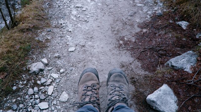 Hiker Boots on Gravel Path with Copy Space
