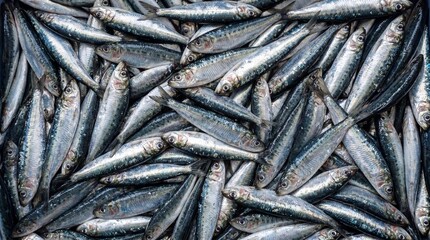 Fototapeta premium A dense pile of fresh silver sardines with blue and grey tones filling the frame showcasing their scales and fins