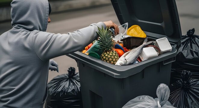 Foraging in trash person searching through overflowing waste container