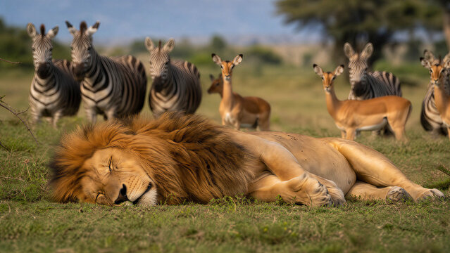 Peaceful Lion Sleeping in Safari with Alert Zebras in Background
