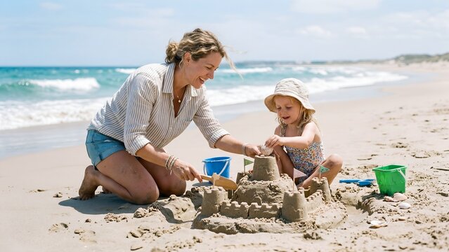 Mother and daughter building sandcastle together on beach by the ocean