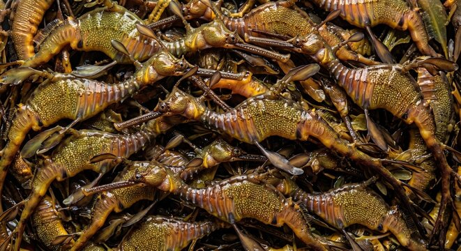A dense pile of leafy sea dragons with intricate patterns and textures in earthy tones of green brown and orange