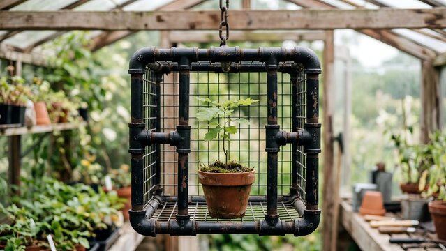 Small potted sapling inside a hanging industrial metal pipe cage in a greenhouse