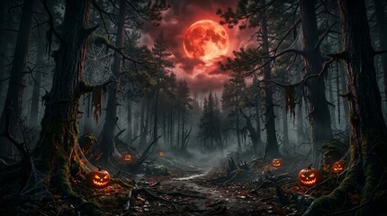 Fototapeta premium Spooky halloween night background forest jack o' lanterns and red moon