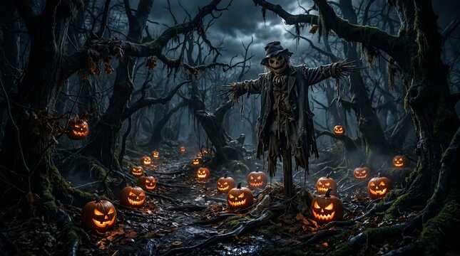 Spooky halloween night background with scarecrow and glowing pumpkins in dark forest