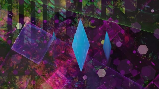 Abstract Blue Diamond Shapes Floating in Neon Purple Digital Space