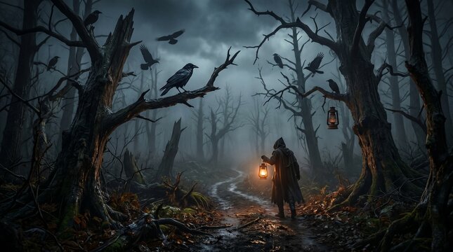 Spooky halloween night background dark forest with hooded figure and ravens