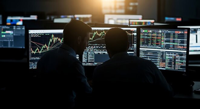 Financial traders analyzing data on multiple screens at night
