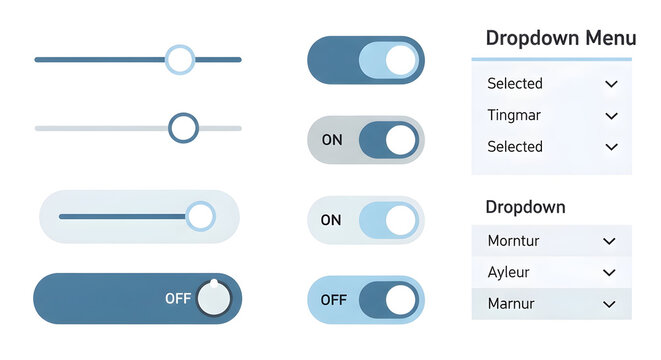 Modern UI elements like sliders, toggle switches, and dropdown menus in clean blue and white for app and web design inspiration