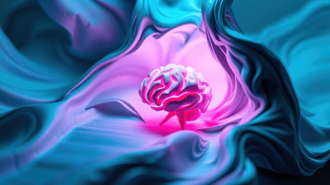 Abstract brain illustration. Vivid colors swirl around central pink cerebral cortex. Dramatic lighting creates intense visual impact.