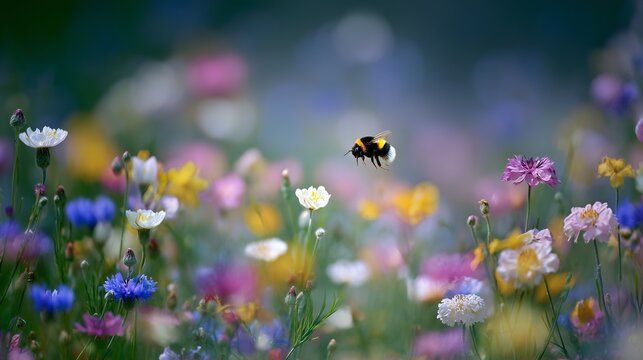 Single bee flying above a colorful wildflower meadow, soft summer light
