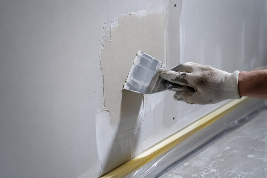 Worker Applying Wall Filler During Drywall Repair as Home Renovation and Interior Finishing Concept
