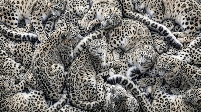 A dense pile of snow leopards with their distinctive grey and black spotted fur creating a pattern