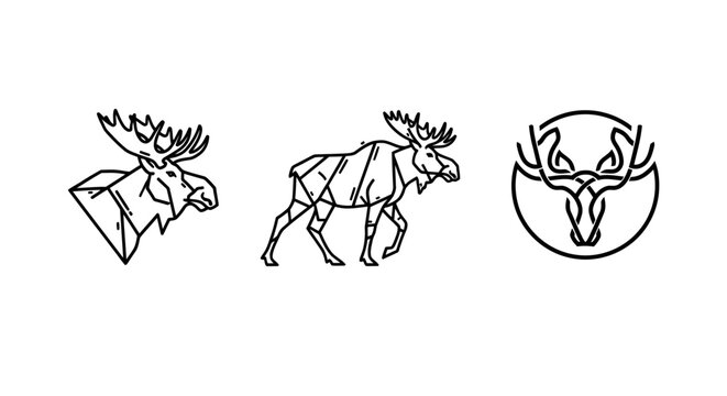 Geometric line art illustrations of moose heads and body.