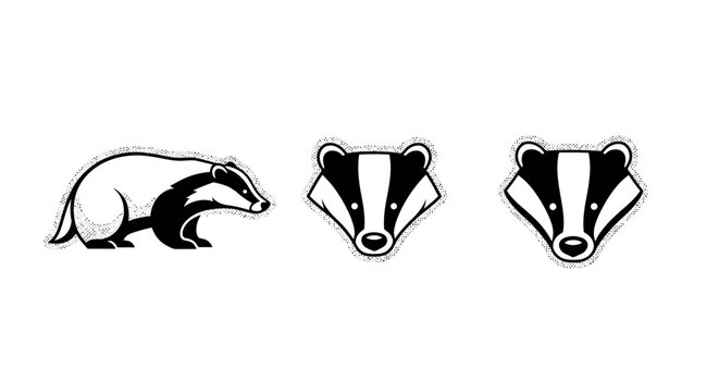 Detailed black and white badger illustration set with various poses.