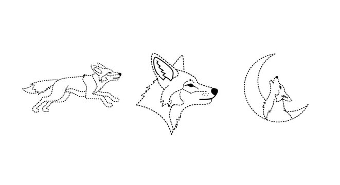 Illustrated wolf silhouettes in various dynamic poses outline.