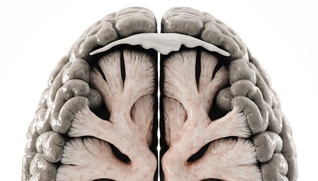 Detailed anatomical illustration of human brain cross section in grayscale medical style