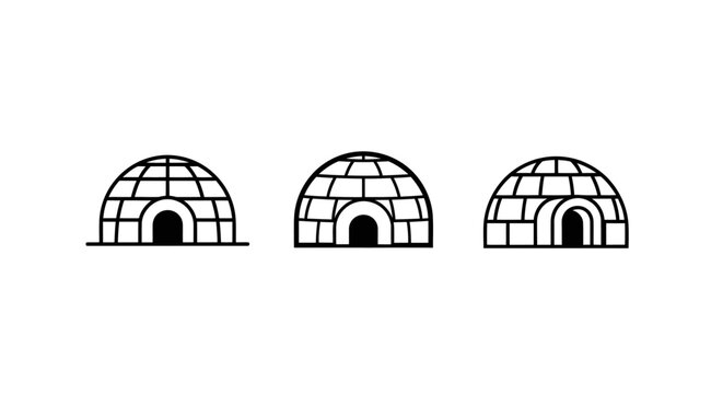 Three black and white igloo line art illustrations.