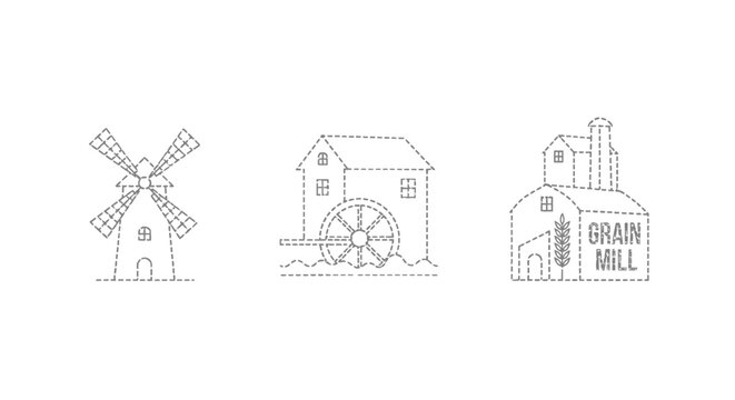 Vintage rural icons windmill waterwheel grain mill illustration.