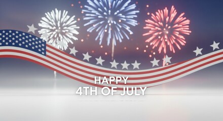 Obraz premium Happy 4th of July text overlay with American flag waving and fireworks exploding in a patriotic celebration background with stars and stripes design