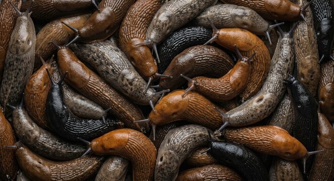 A dense pile of wet brown grey and black slugs with visible tentacles and textured bodies creating a natural organic pattern