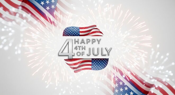 Happy 4th of July text with American flags and fireworks celebration graphic design on a bright white background with soft bokeh lights, patriotic holiday theme
