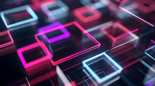 Glowing 3D neon wireframe cubes and perspective light squares in pink and blue for cyberpunk virtual reality and digital tech overlay