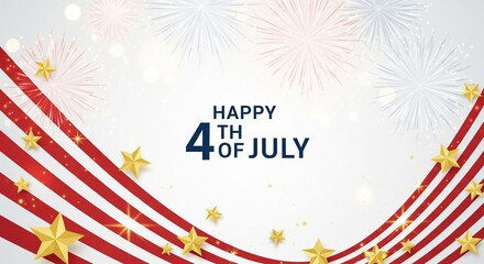 Fototapeta premium Happy 4th of July greeting with red white stripes, gold stars, and fireworks illustration on a white background with bokeh lights, festive patriotic celebration concept