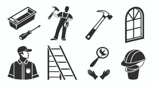 Vector illustration of construction work tools and building icons including builder ladder hammer window