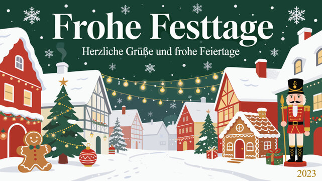 A festive winter village scene with snow-covered houses, decorated Christmas trees, string lights, a gingerbread man, and a nutcracker, under a dark green sky with snowflakes, wishing happy holidays.