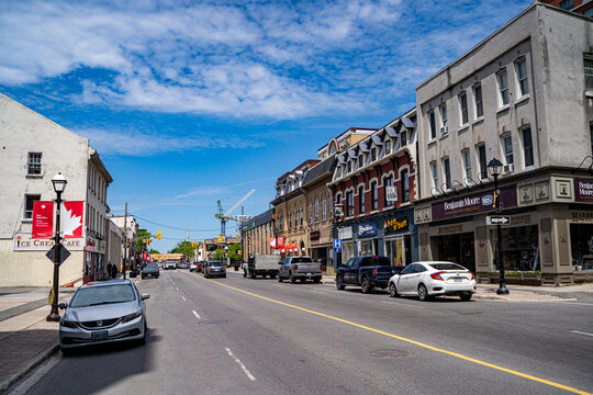 View of downtown Brampton street with historic commercial buildings. Brampton, Canada - May 27, 2026.